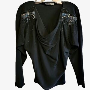 Levante vintage women's sequin&beaded butterflies 100% silk black blouse size S